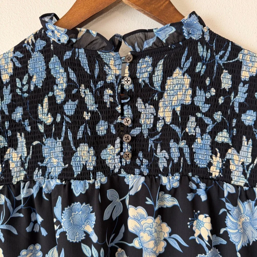 J. Crew Floral Smocked Blouse M Blue Ruffle Mock Neck Cottagecore Lined Boho